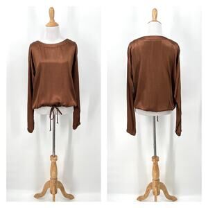 PHARAOH COLLECTION Justine Long Sleeve Top Womens Brown Satin Boat Neck NEW